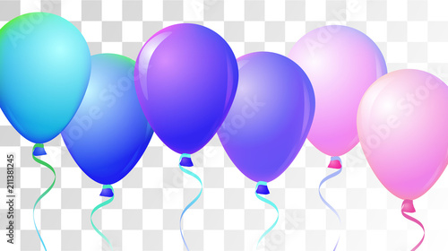 Bright Realistic Helium Vector Balloons Flying. Happy Birthday, New Year Party Ornament. Neon Modern Holidays Decoration, Air Helium Balloons. Celebration, Music Poster Discount Card Cool Design.