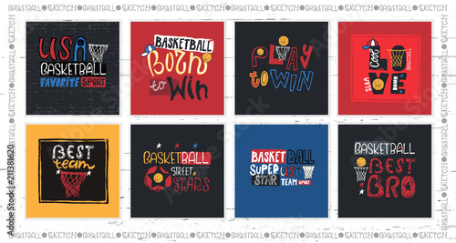 A collection of vector illustrations for American basketball. Motivation quotes, slogan, grunge. Sport fashion print for t-shirt, text: born to win, play to win, dude. Handwritten Modern lettering.