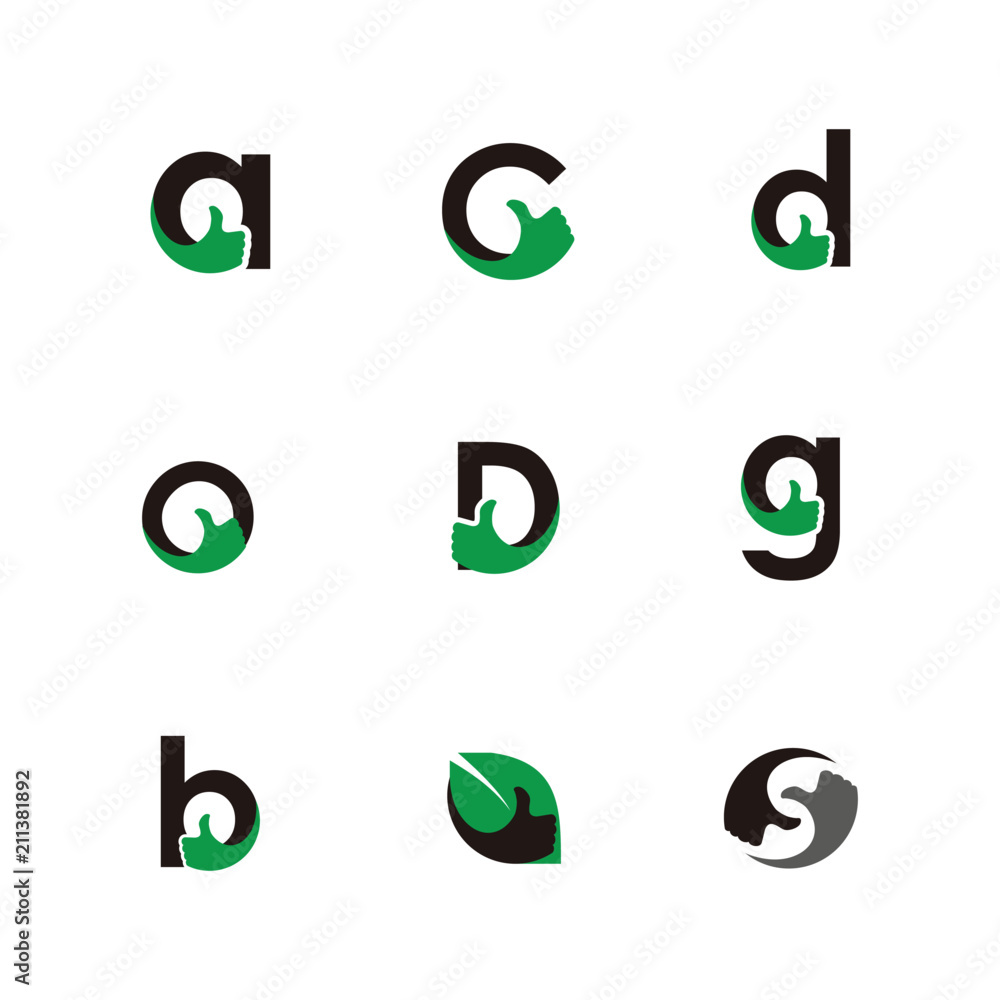 Alphabet letters set with thumb hand design element. Corporate branding identity design template. thumb letters collection. Vector illustration