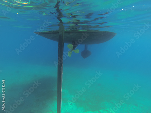 Underwater parts of a modern sailing yacht. Keel, screw and rudder. photo