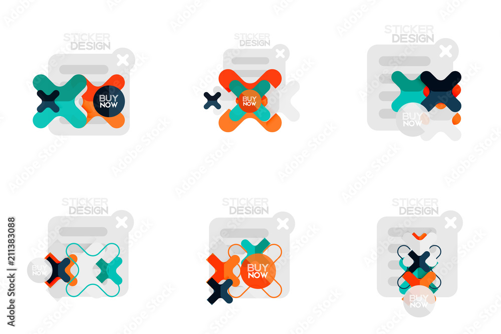 Set of flat design geometric stickers and labels, price tags, offer promotion badges, icon designs, paper style with buy now sample text, for business or web presentations, app or interface buttons