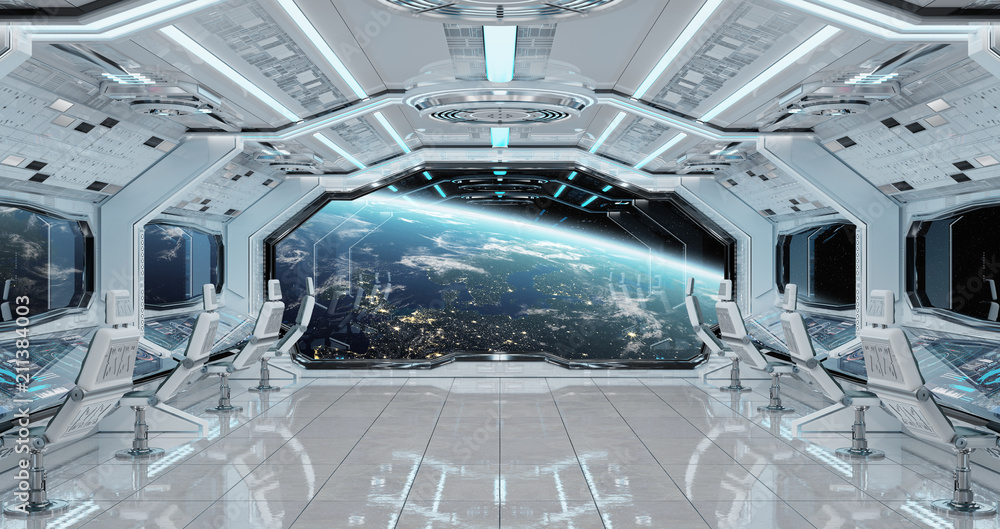 White clean spaceship interior with view on planet Earth 3D rendering White clean spaceship interior with view on planet Earth 3D rendering