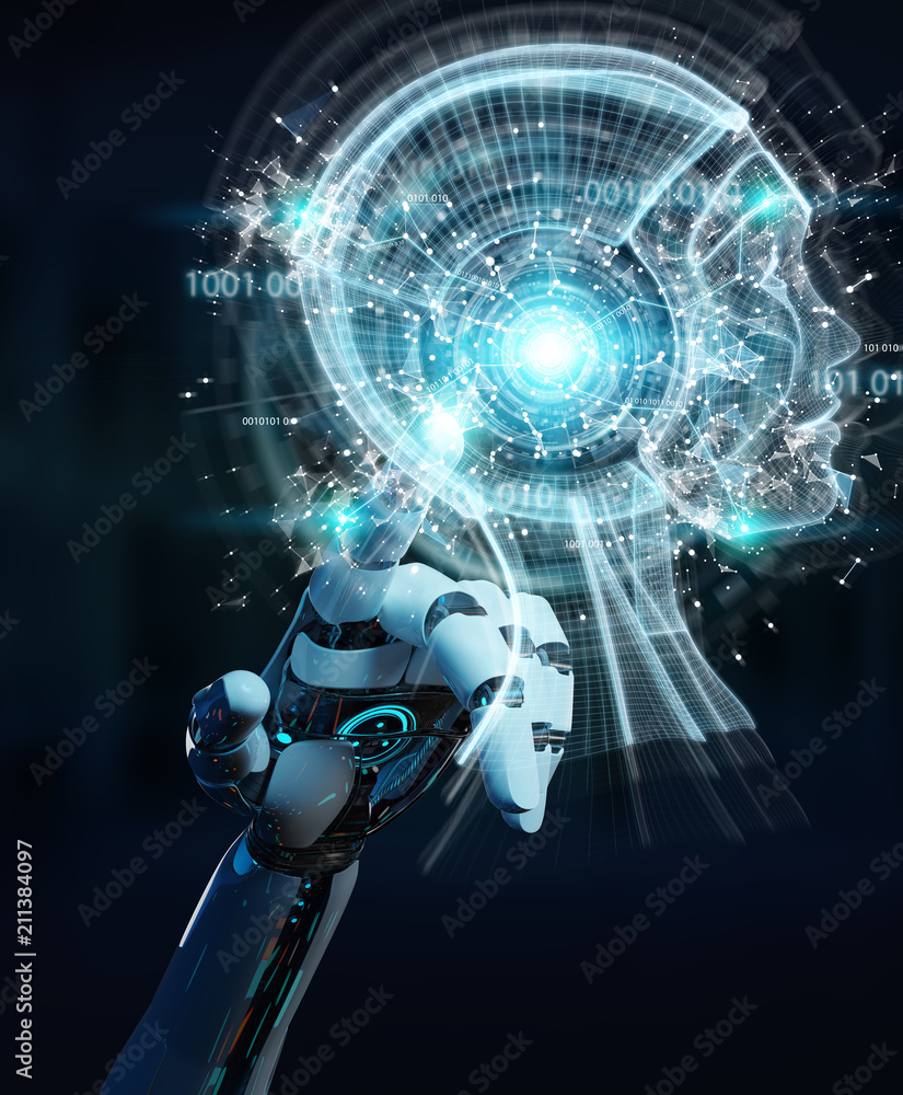 White cyborg hand creating artificial intelligence 3D rendering White cyborg hand creating artificial intelligence 3D rendering