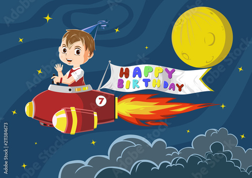 Boy riding a rocket with a birthday banner