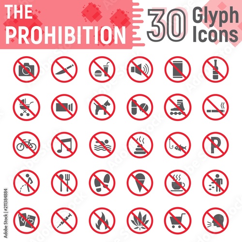 Prohibition glyph icon set, forbidden signs