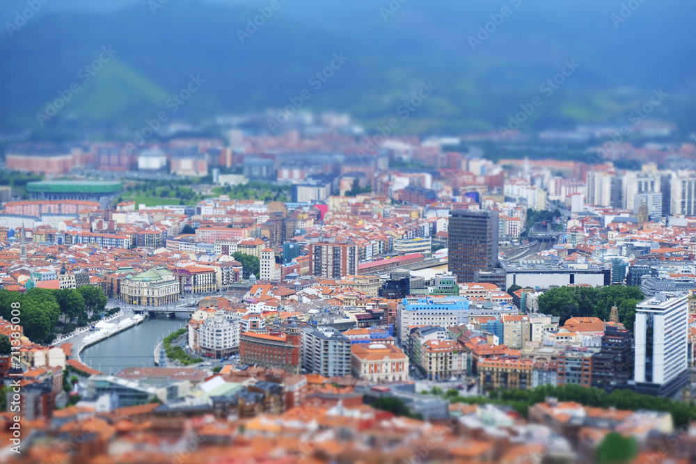 Bilbao city skyline tilt shift effect.