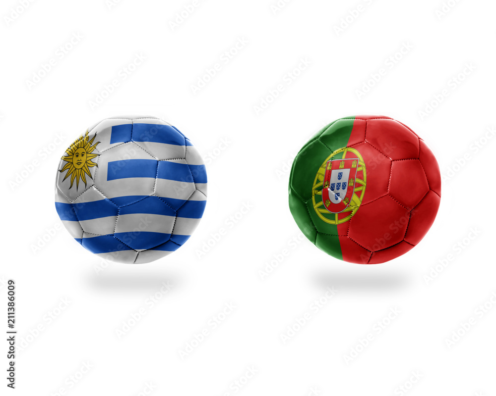 football balls with national flags of portugal and uruguay.