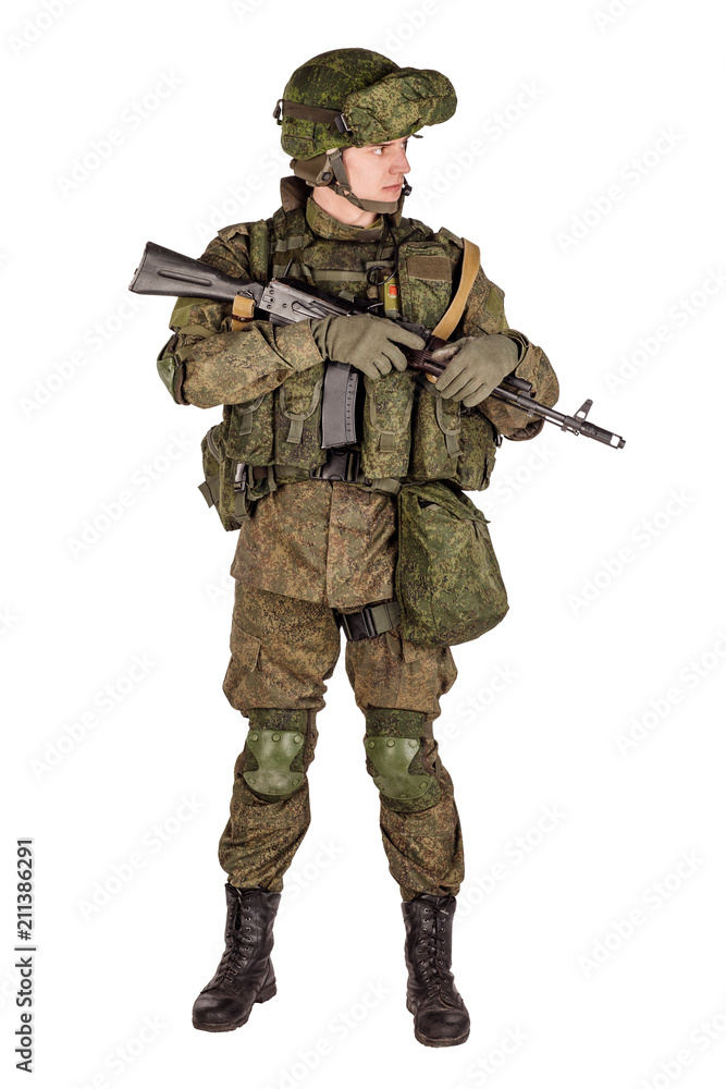Fototapeta premium russian special forces soldier with rifle on dark background. army, military and people concept