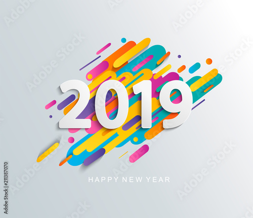Creative happy new year 2019 card on modern dynamic background. Perfect for presentations, flyers and banners, leaflets, postcards and posters. Vector illustration EPS10