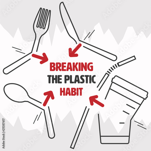Open end outline flat icon of cutlery,straw and beverage cup as a gimmick to communicate an act of breaking the habit. Breaking the plastic habit concept. Vector illustration.