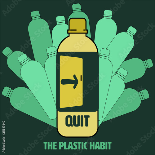 Plastic bottle outline flat icon with exit sign as a gimmick to communicate an act of quitting the plastic habit. Vector illustration.