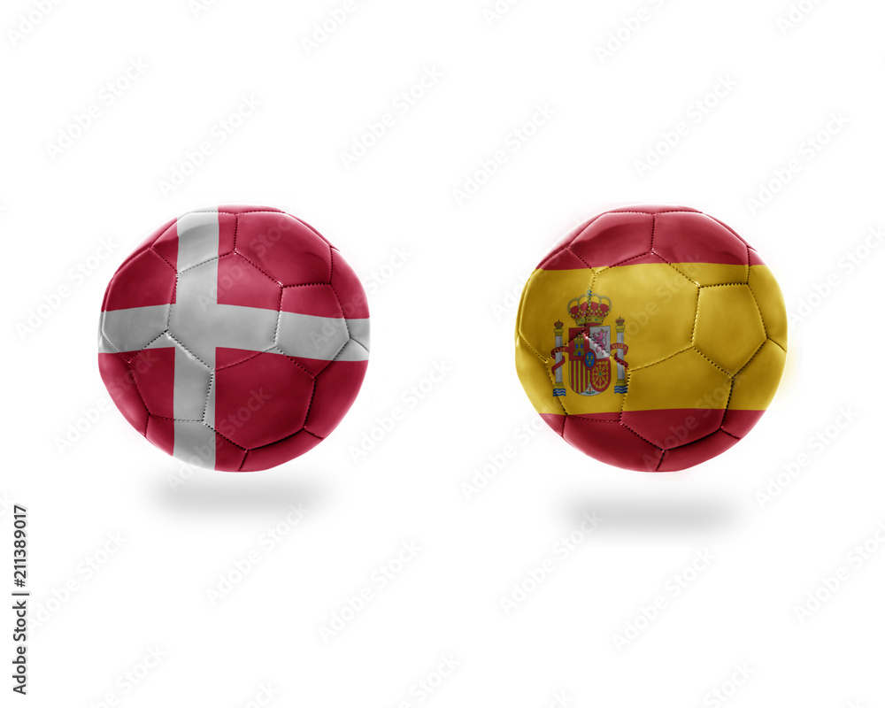 football balls with national flags of denmark and spain.