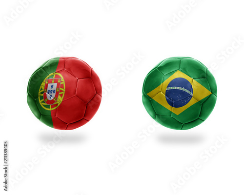football balls with national flags of brazil and portugal.