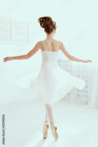 The beautiful girl is engaged in ballet in the training hall