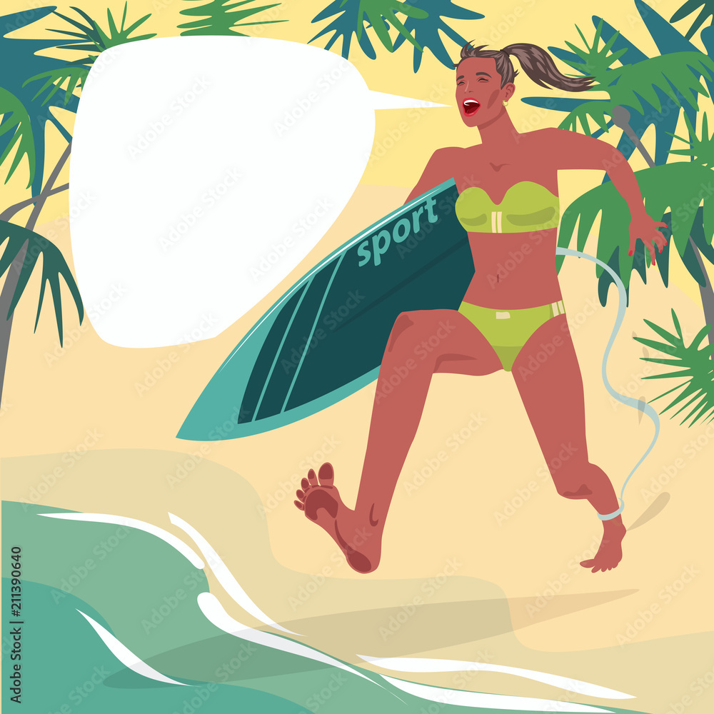 Full body of girl in swimsuit running on beach with surfboard and screams. Young woman is in hurry from sand to ocean. Surfing sport. Expressive cartoon style
