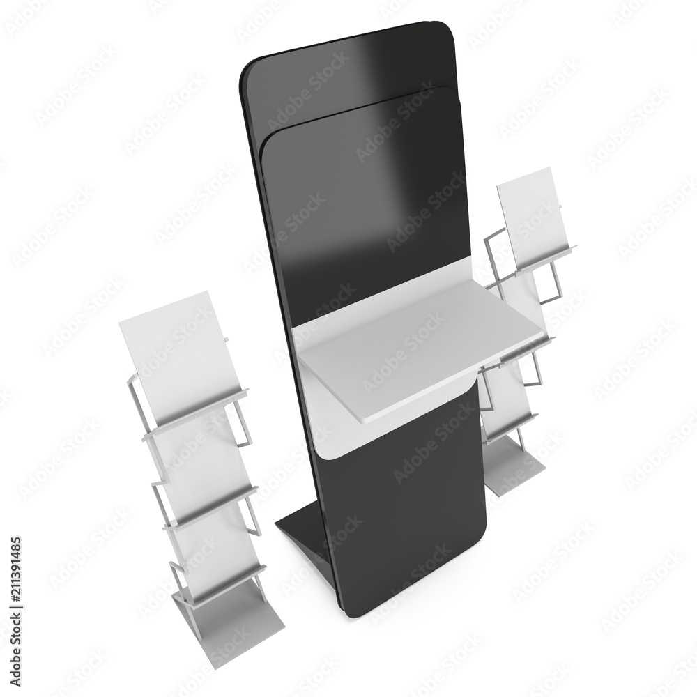 LCD Display Stand and Magazine Rack. Blank Trade Show Booth. 3d render isolated on white background. High Resolution image. Ad template for your expo design. LCD Display Stand and Magazine Rack. Blank Trade Show Booth. 3d render isolated on white background. High Resolution image. Ad template for your expo design.