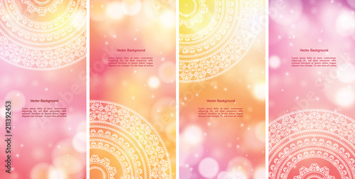 Set of Indian country ornament illustration concept. Ethnic & Colorful Henna Mandala design, on festive and glitter bokeh background.