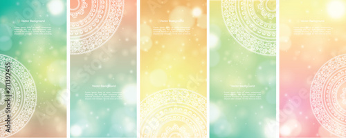Set of Indian country ornament illustration concept. Ethnic & Colorful Henna Mandala design, on festive and glitter bokeh background.