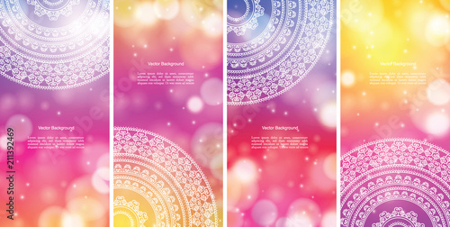 Set of Indian country ornament illustration concept. Ethnic & Colorful Henna Mandala design, on festive and glitter bokeh background.