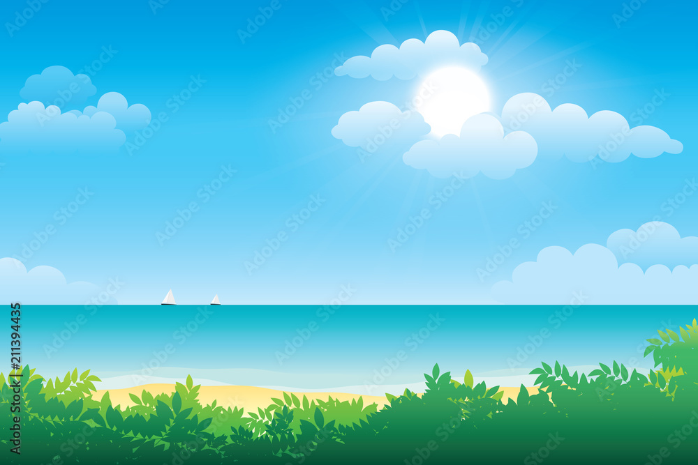 Scenery of seaside and summer beach landscape. Vector seascape background