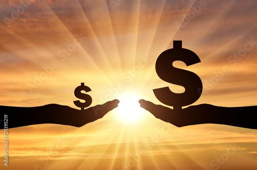 Silhouette of two hands, in one hand a large symbol of Dollar. In the second hand is a small symbol of the dollar