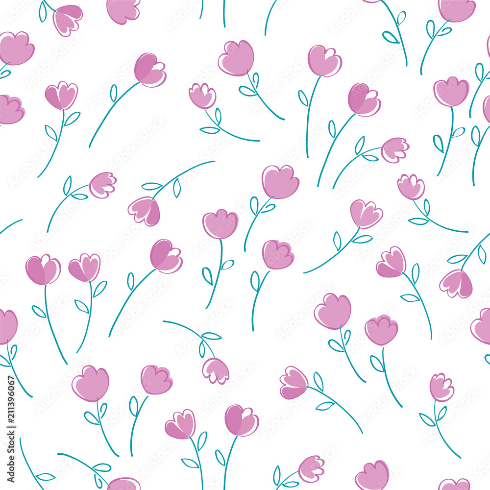 Simple floral seamless pattern with hand drawn pink flowers for textile, wallpapers, gift wrap and scrapbook. Vector illustration.