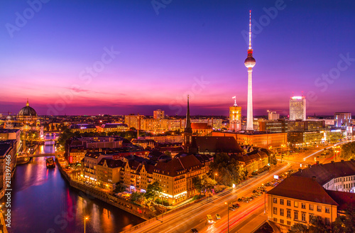 Aerial view of Berlin city skyline colorful at sunset ,Germany 