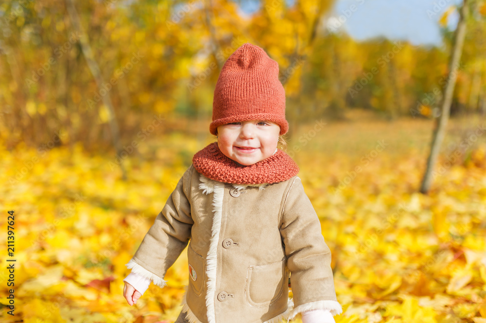 Little smiling girl in knitted cap with fallen autumn leaves is in city park. Little smiling girl in knitted cap with fallen autumn leaves is in city park.