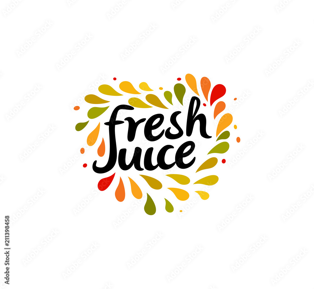 Fresh juice emblem. Colorful juice drops splashed around the heart shape with text inside on white background. Modern fun style logo template. Fresh juice emblem. Colorful juice drops splashed around the heart shape with text inside on white background. Modern fun style logo template.