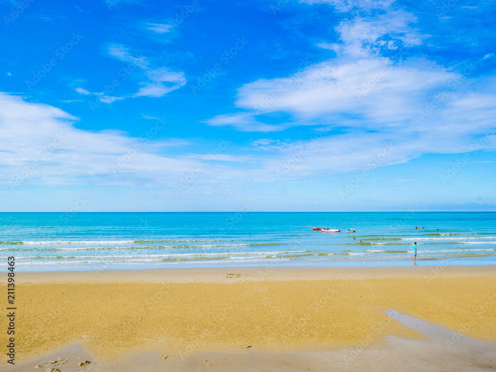Tropical Idyllic ocean Blue sky and beautiful Beach in vacation time,Holiday on the beach,Summer concept.Thailand