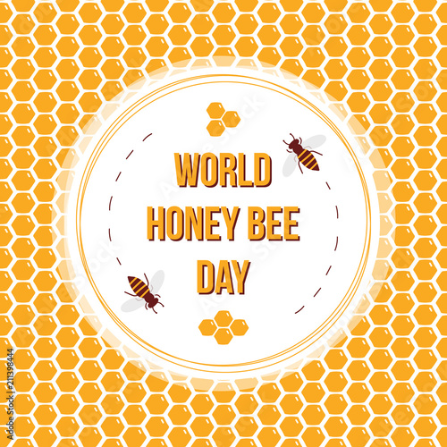 Cute cartoon World Honey Bee Day card with little bees on honeycomb seamless pattern background.