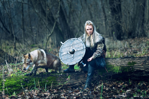 Fototapeta Scandinavian northern viking with wolf, ax and shield in hand looking threateningly