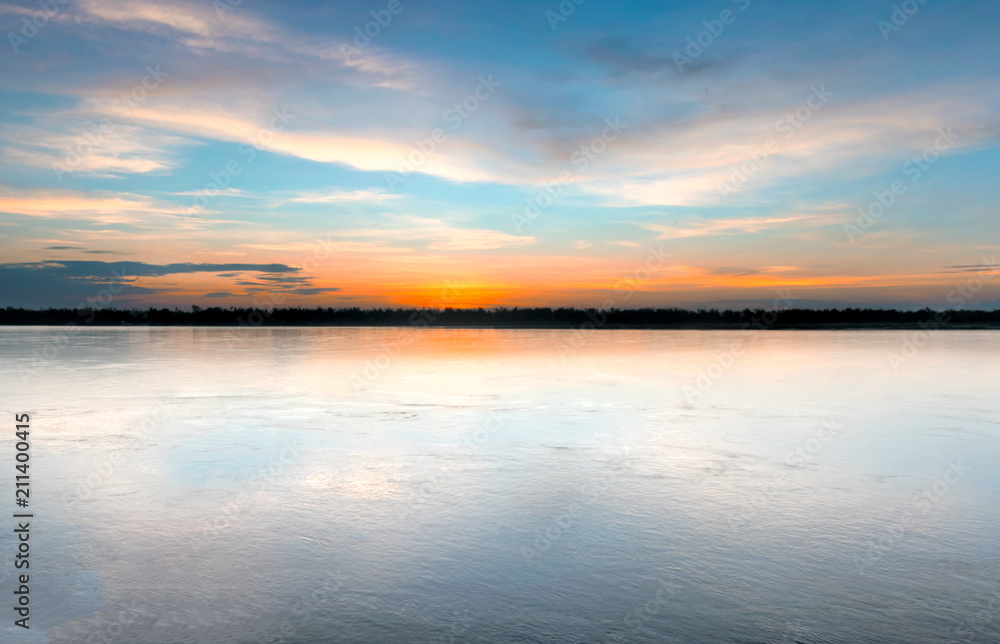 Sunset over the Mekong river in Kratie, Cambodia.