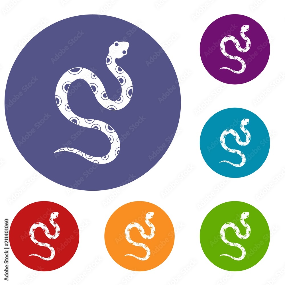 Venomous snake icons set in flat circle red, blue and green color for web Venomous snake icons set in flat circle red, blue and green color for web
