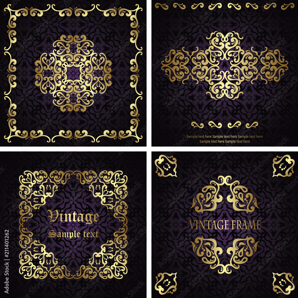 Set of vector vintage luxury cards with seamless backgrounds,  baroque patterns and frames