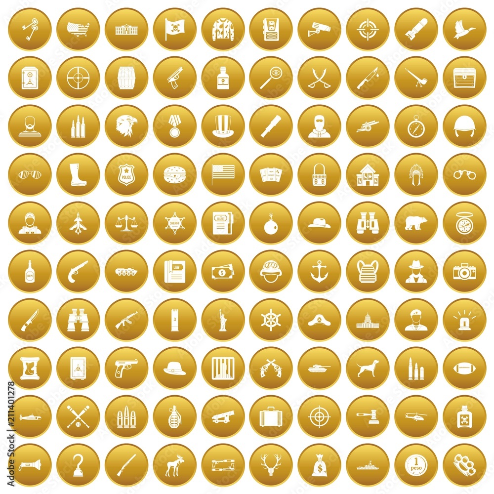 100 bullet icons set in gold circle isolated on white vector illustration 100 bullet icons set in gold circle isolated on white vector illustration