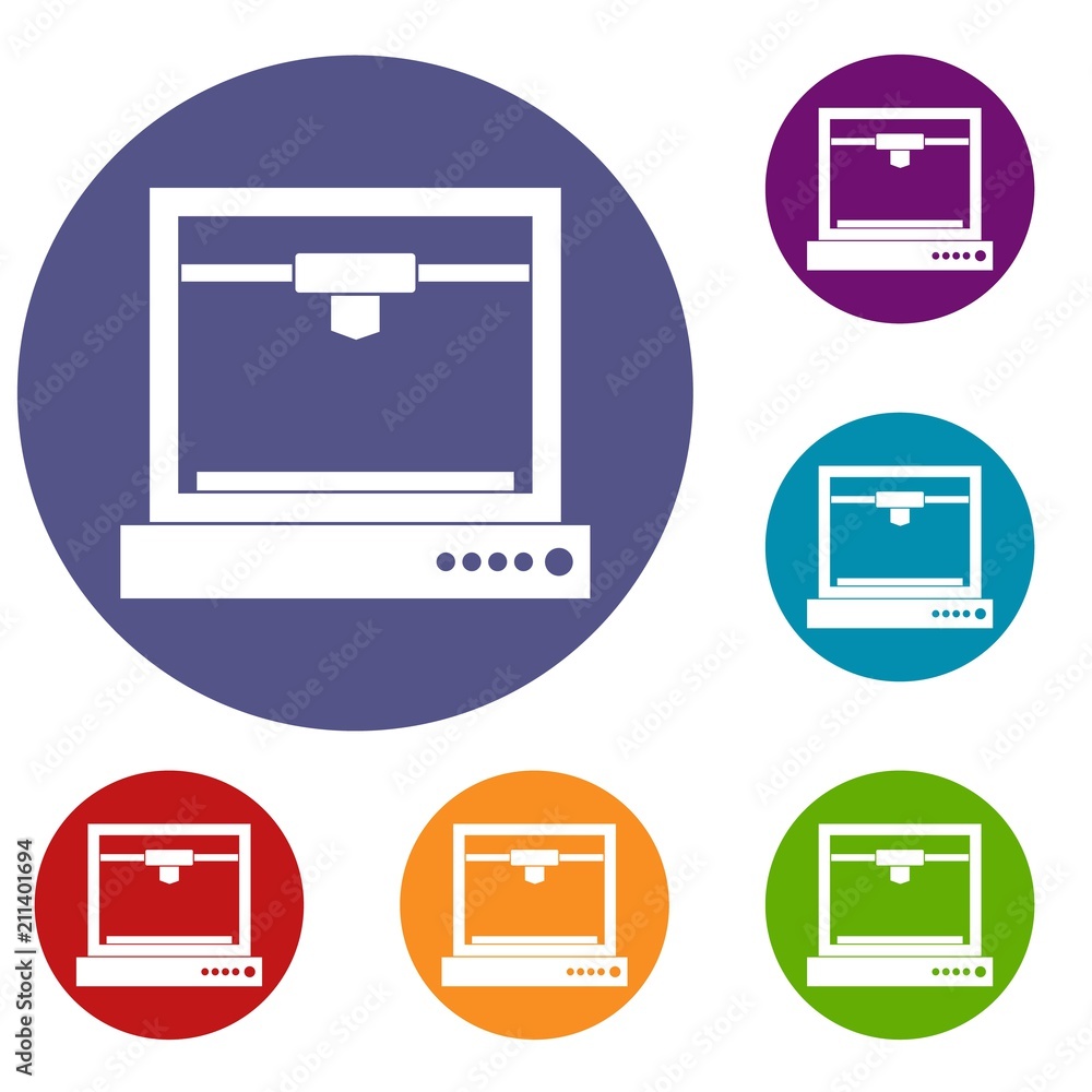 3d printer model icons set in flat circle red, blue and green color for web 3d printer model icons set in flat circle red, blue and green color for web