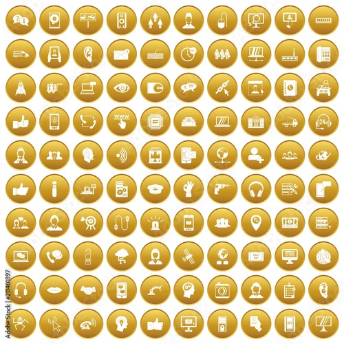 100 call center icons set in gold circle isolated on white vector illustration