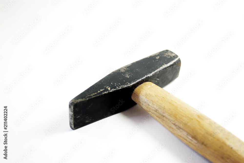 Hammer with wooden handle on isolated white background