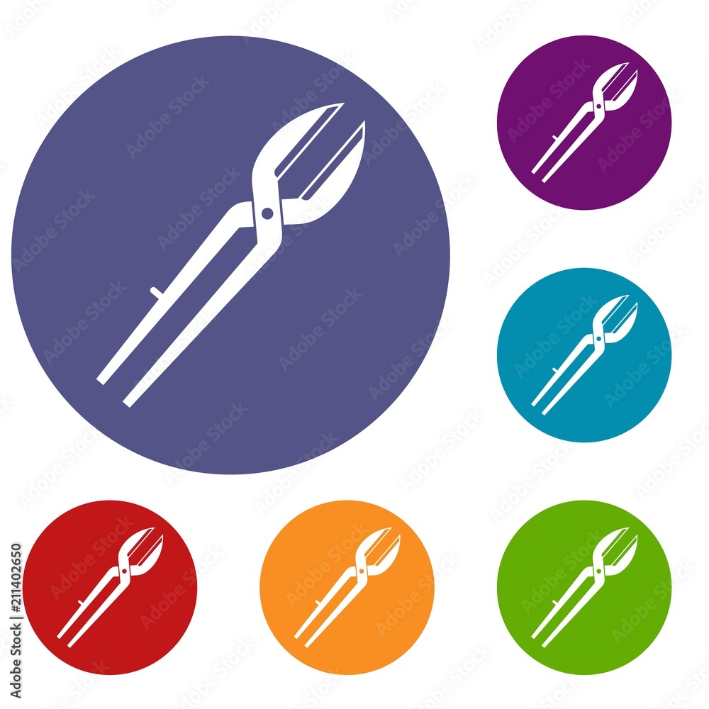 Metal scissors icons set in flat circle red, blue and green color for web Metal scissors icons set in flat circle red, blue and green color for web