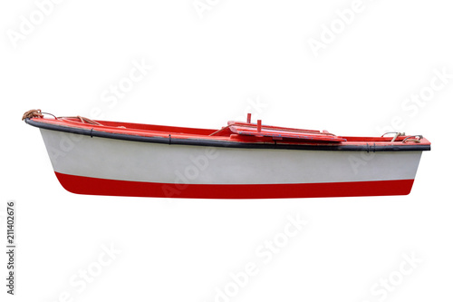 red wooden fishing boat isolated on white background