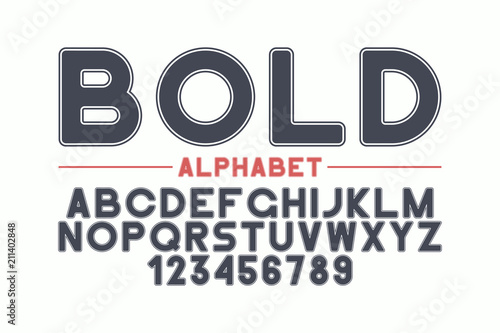 Rounded sans-serif font template. Bold alphabet with numerals. Vector typography typeface.