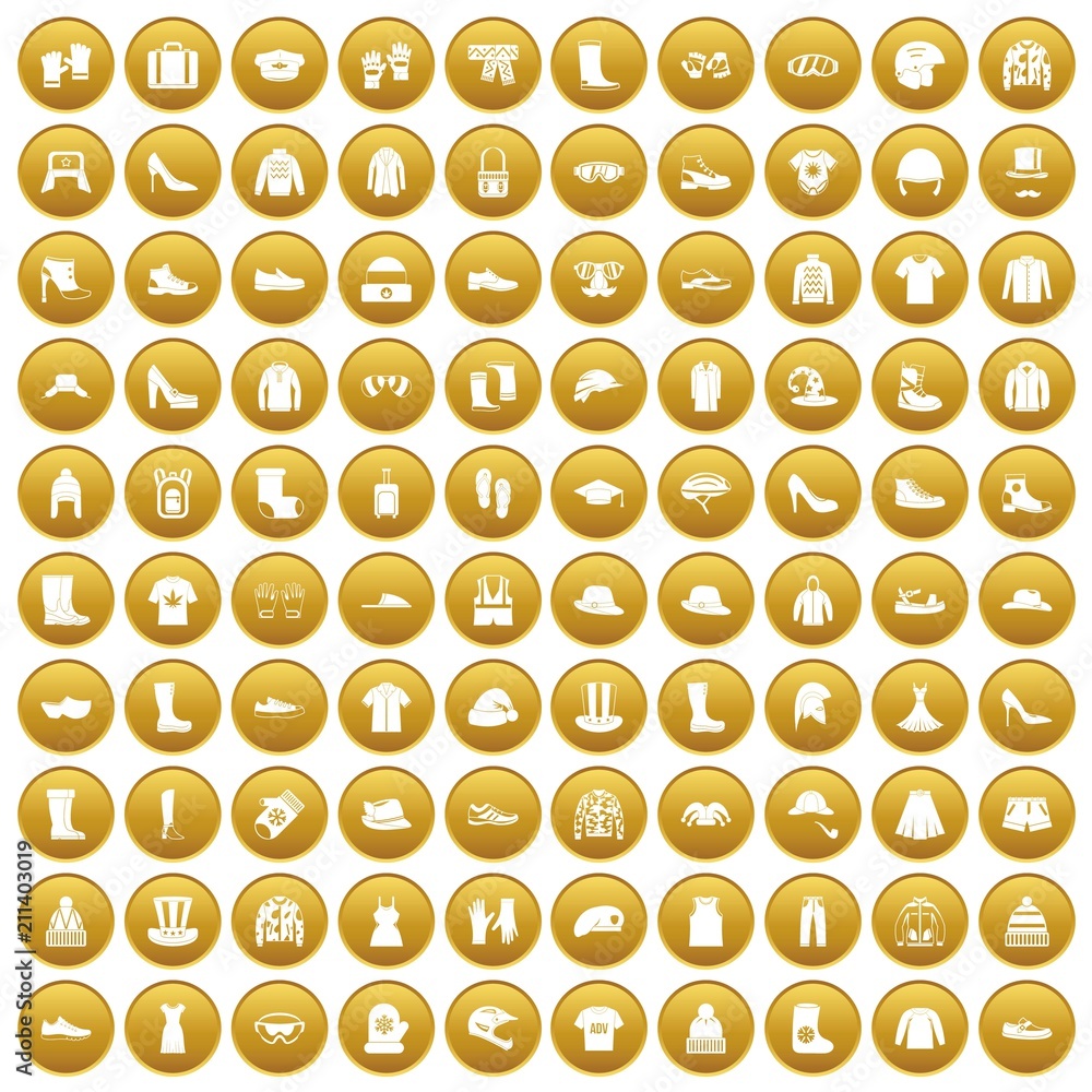 100 clothing and accessories icons set in gold circle isolated on white vector illustration 100 clothing and accessories icons set in gold circle isolated on white vector illustration