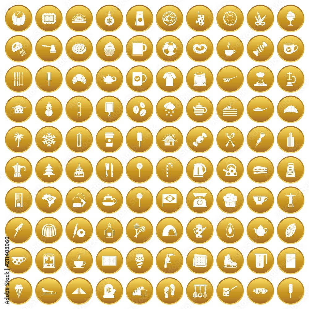 100 coffee icons set in gold circle isolated on white vector illustration 100 coffee icons set in gold circle isolated on white vector illustration