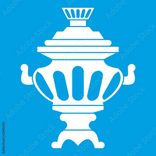 Russian tea samovar icon white isolated on blue background vector illustration