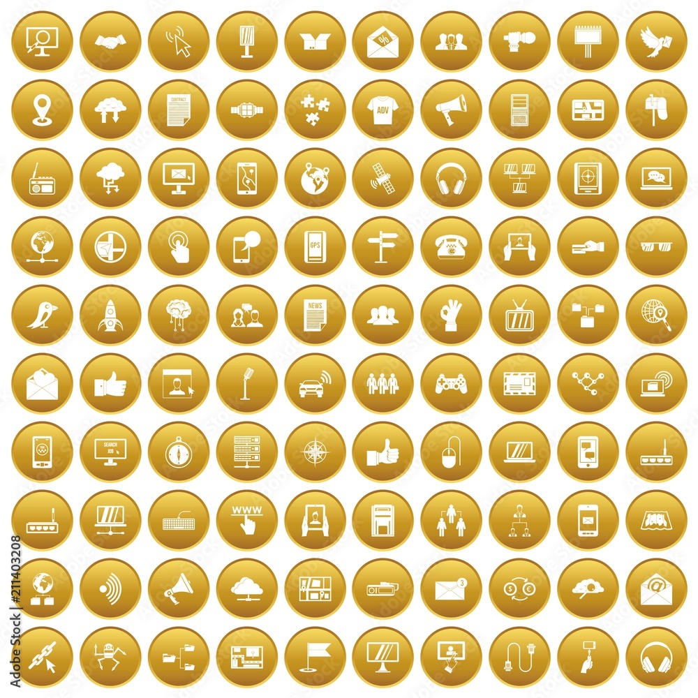 100 communication icons set in gold circle isolated on white vector illustration 100 communication icons set in gold circle isolated on white vector illustration
