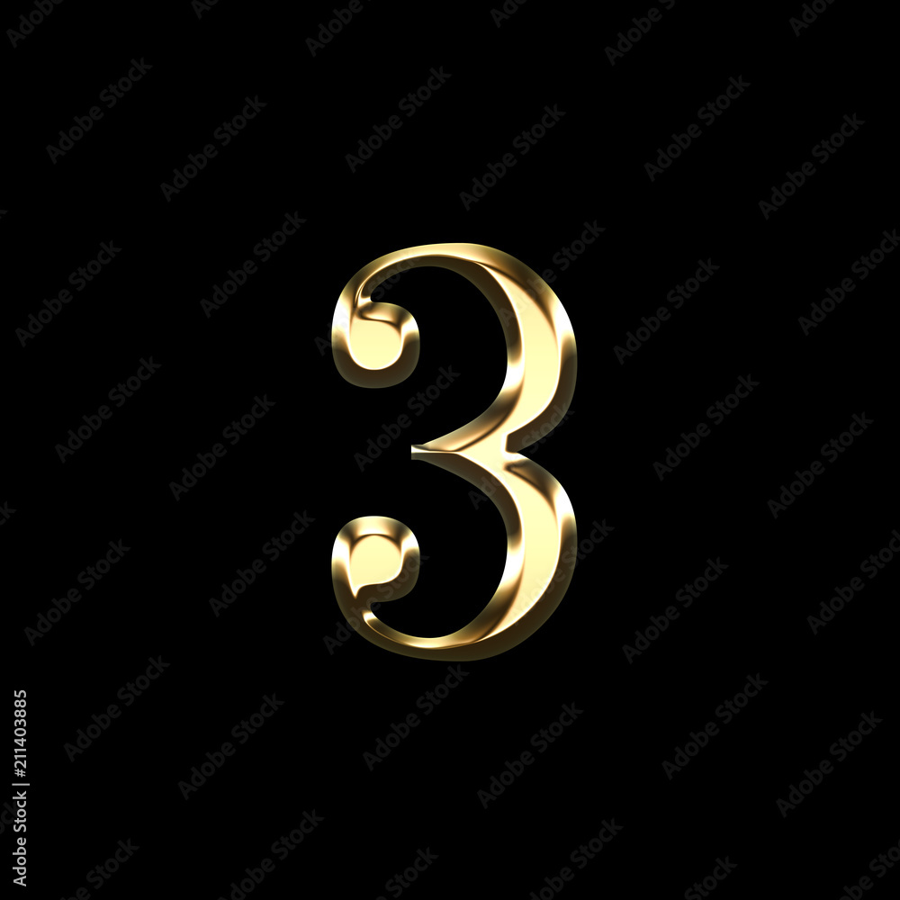 gold number three 3D illustration isolated on black background