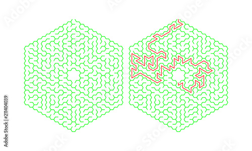 Hexagonal labyrinth with a solution. Color hexagonal maze. A useful puzzle game for children and adults