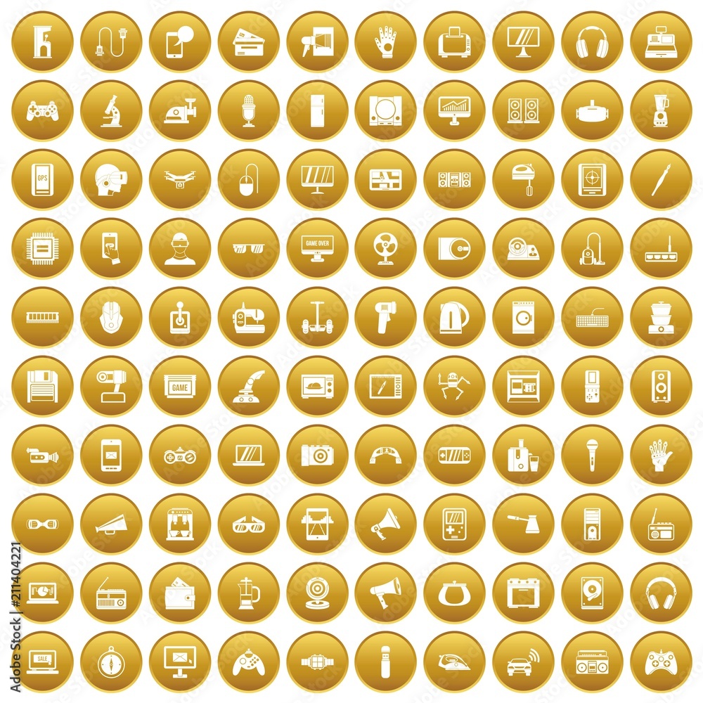 100 device icons set in gold circle isolated on white vector illustration 100 device icons set in gold circle isolated on white vector illustration