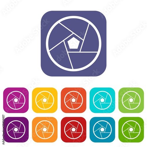 Photographic lens icons set vector illustration in flat style in colors red, blue, green, and other